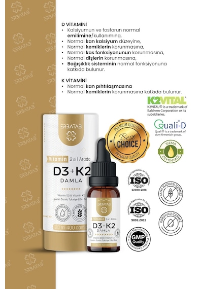 Erbatab D3 K2 İkisi Bir Arada Damla Vitamin 20 ML