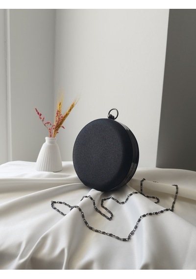 Vivazzaluxe Modern Yuvarlak Model Simli Düğün Nişan Gelin Kadın Abiye Clutch Çanta Siyah