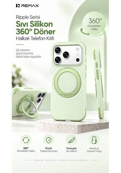 Remax Ripple Series İphone 17 Pro Max Uyumlu Likit Silikon Kılıf - 360 Döner Standlı Rmc-5 - Yeşil