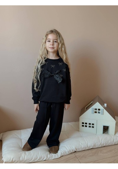 Miniko Kids Kız Çocuk Bayramlık Fiyonk Modelli Taşlı 2li Pamuk Takım Siyah
