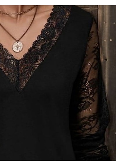 Bhrwear Kadın Uzun Kollu V Dantel Yakalı Viskon Bluz Renkli
