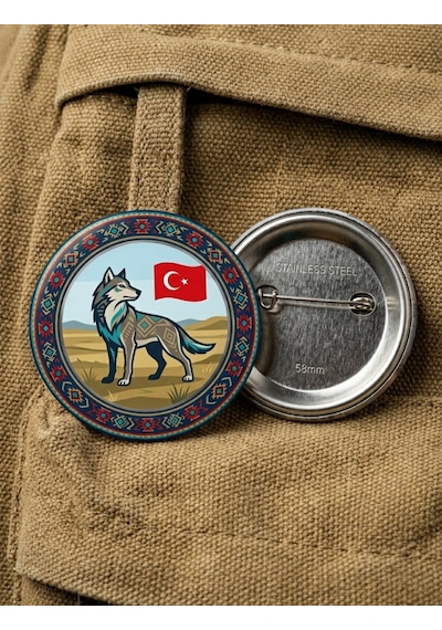 Fikart Gökbörü Ve Bozkurt Efsanesi Özel Çizim Tasarımlar 5'li Paket 58mm Buton Rozeti Seti Çok Renkli
