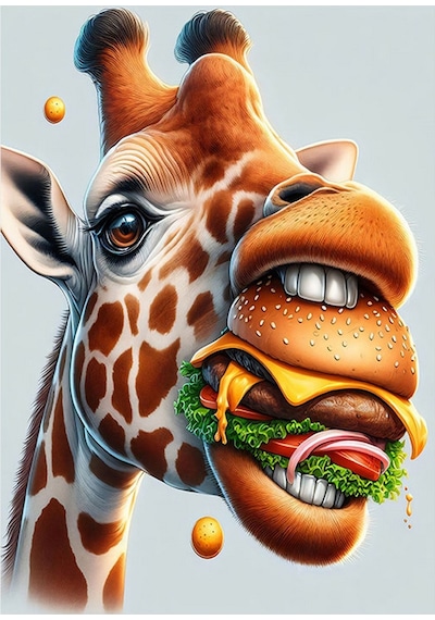 Hamburger Yiyen Zürafa Hediyelik Ahşap Tablo 35cm X50cm