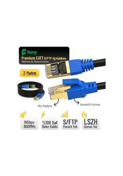 Feny Fn-cat7ls03 10gbps İnternet 60mhz 3 Metre Cat7 Gold Patch Kablo Yanmaz- Yüzde 100 Saf Bakır