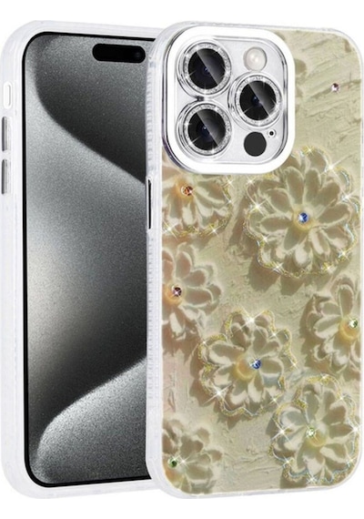 Apple Uyumlu iPhone 15 Pro Kılıf Çiçek Desenli Parlak Taşlı Sert Silikon Zore Garden Kapak Beyaz