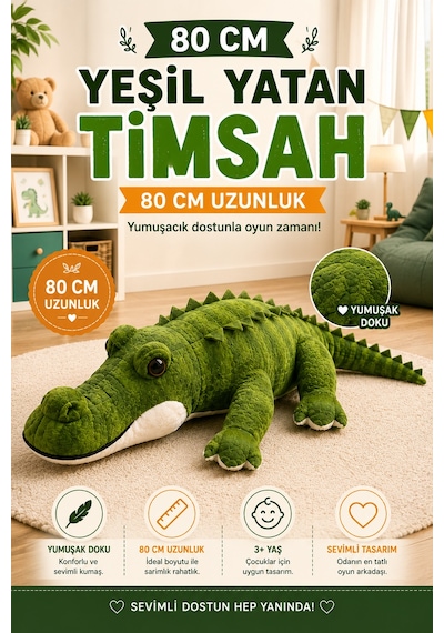 80 Cm Peluş Timsah Yumuşak Oyuncak Uyku Arkadaşı Sevimli Peluş Timsah Yeşil
