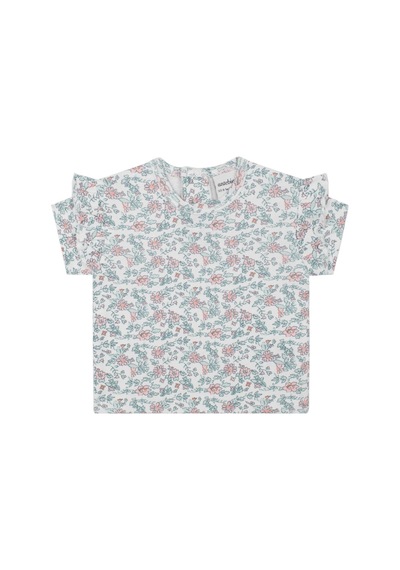 Antebies Organik Beyaz Kır Çiçek Desenli Fırfırlı Kısa Kollu Kız Bebek Tshirt Şort Takımı Mavi