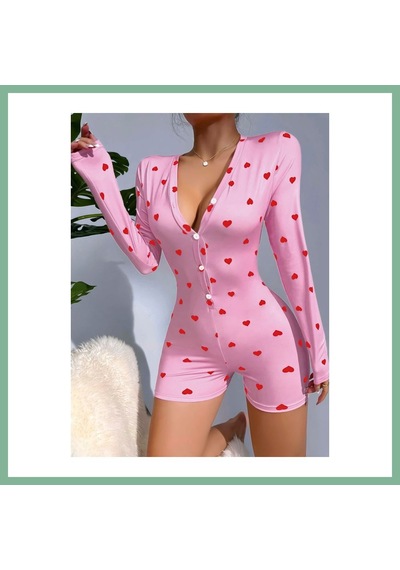 Bşkvirgo Kadın Pembe Kalp Desenli Pijama Tulumu 5121 Beden: L/xl Renk: Kırmızı Bsk2026
