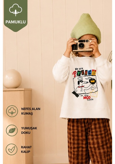 Monila Erkek Çocuk 3 İplik Kumaş Baskılı Pamuklu Sweatshirt Ekru