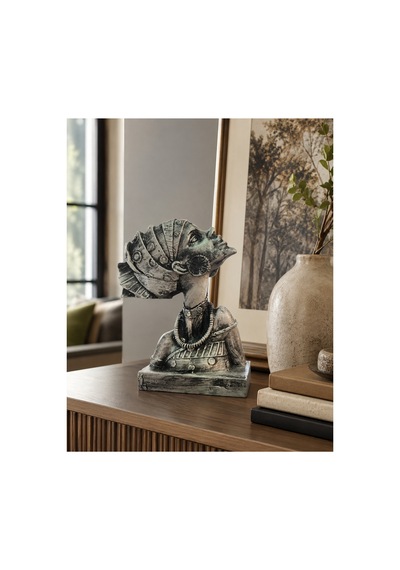 Etnik Kadın Büstü Polyester Dekor Biblo Antik Gümüş Yeşil Patina 16 28 Cm