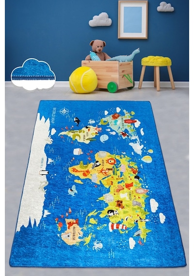World Map Makinede Yıkanabilir Kaymaz Taban Leke Tutmaz Dijital Çocuk Halısı Mavi