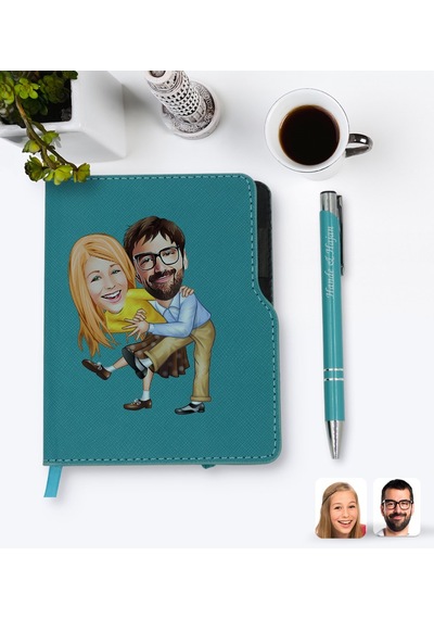 Kişiye Özel Sevgililer Karikatürlü Turkuaz Termo Deri Defter Kale N11.3575 Turkuaz