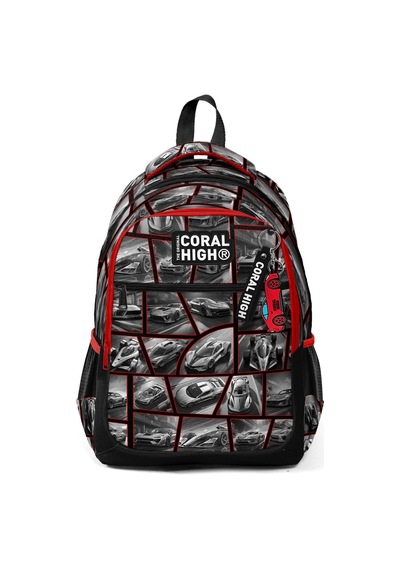 Coral High Kids Siyah Kırmızı Araba Desenli Üç Bölmeli Okul Sırt Çantası 14429 Siyah - Kırmızı