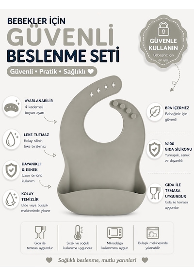 Jojobebek Çocuk Silikon Mama Önlüğü Gri Renk