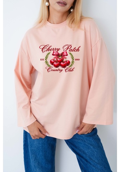 Medinenur Cherry Baskılı Tesettüre Uygun Uzun Kollu Body Somon