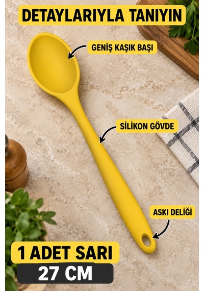 Tekli Sarı Büyük Boy Silikon Kaşık 27 Cm Mutfak Yemek Pişirme Ve Servis Kaşığı Sunum Ve Pişirme İçin