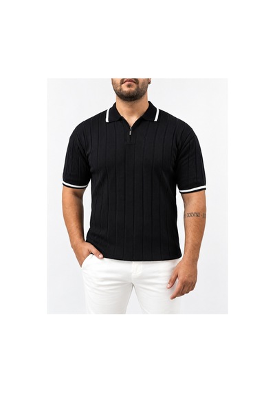 Kıyafet Bayi Erkek Polo Yaka Fitilli Triko Kısa Kollu Tişört Siyah 2xl