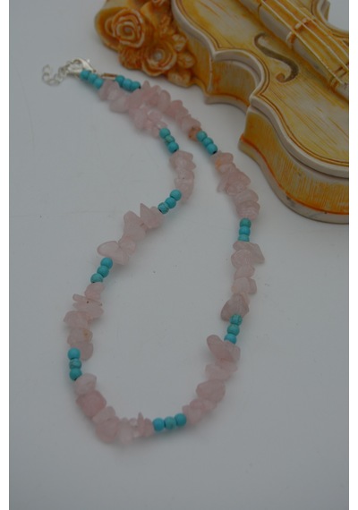 Stoneage Pembe Kuvars Ve Turkuaz Taşli  Kolye Beyaz