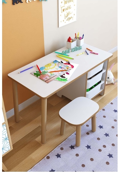 Çocuk Çalışma Masası 90x45 Cm 3 Sepetli Çocuk Masa Tabure Seti Oyun & Aktivite Masası Çok Renkli