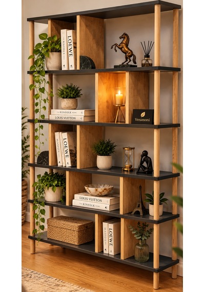 Veramoni 5 Raflı Modern Kitaplık 137x90x20 Cm - Antrasit Meşe Antrasit - Meşe