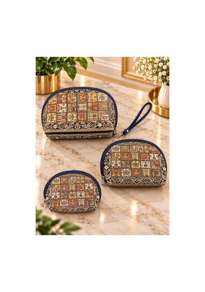 Badufa Home Desenli Fermuarlı Çok Amaçlı 3 Boy Mini Çanta -simli Lacivert-sarı Lacivert-sarı