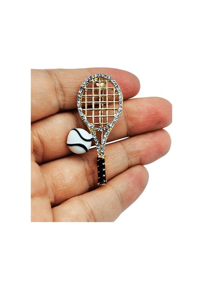Taşlı Tenis Raketi Ve Top Gold Broş Sarı