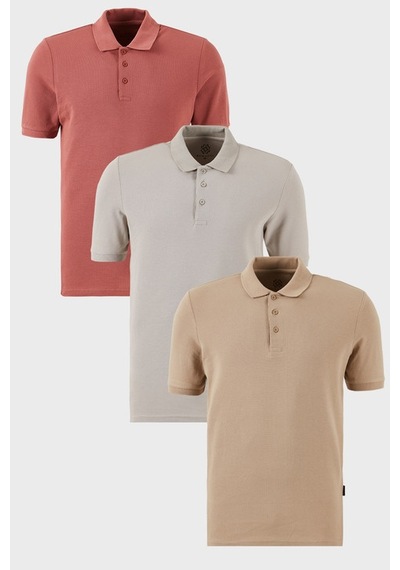 Buratti Pamuklu Regular Fit Düğmeli Polo Yaka 3'Lü Paket Erkek T Shirt 5902127S3 Gül-Vizon-Kül