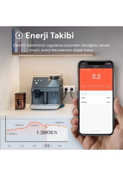 Yeco Sp-16 Akıllı Priz, Wi-fi Uyumlu, Telefonla Kontrol, 16a Akım Koruma, Enerji İzleme, 2 Adet 2 Adet