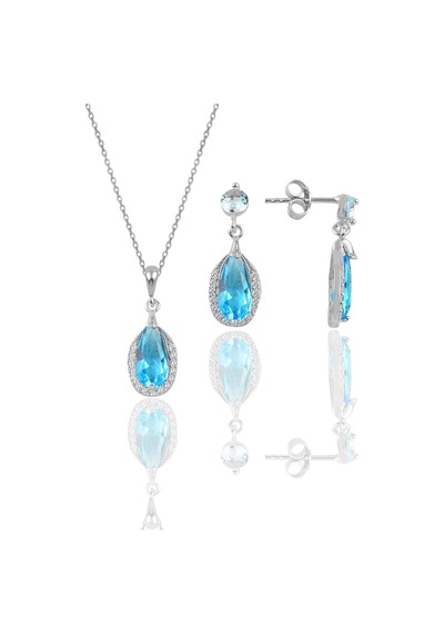 Gümüş Rodyumlu Akuamarin Taşlı Damla Modeli Kolye Ve Küpe İkili Set