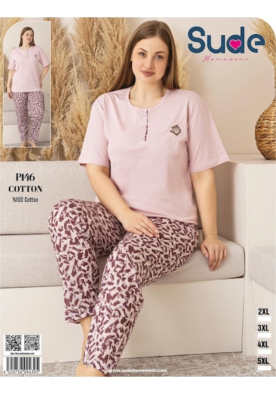Sude Kadın Büyük Beden Düğme Yaka Penye Kısa Kol İnce Pijama Takımı P146 - 1 Adet Pembe