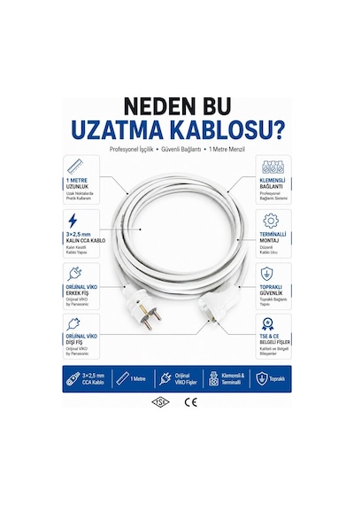 Viko Seyyar Uzatma Kablosu 1 Metre 3x2.5 Mm Cca Kablo Viko Erkek Dişi Fiş Klemensli Terminalli Topraklı Tse Ce Belgeli 1 M