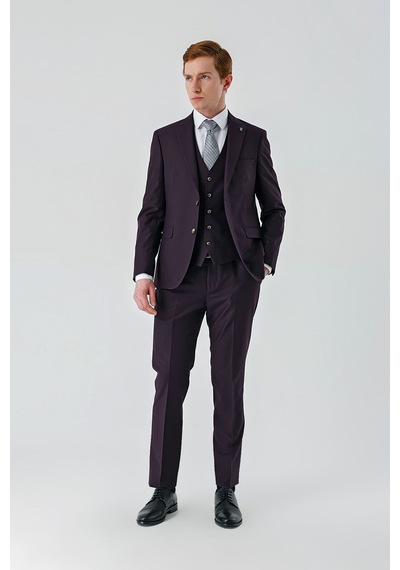 İmza Gabardin Kırlangıç Yaka Yelekli 6 Drop Slim Fit Klasik Takım Elbise 1001240187- Mürdüm İmza Gabardin Kırlangıç Yaka Yelekli 6 Drop Slim Fit Klasik Takım Elbise 1001240187- Mürdüm
