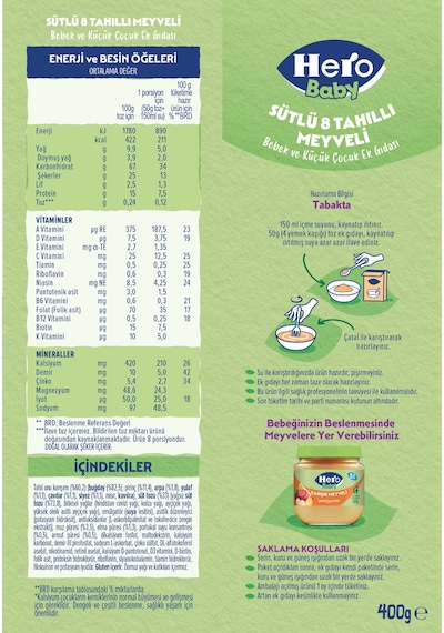 Hero Baby Sütlü 8 Tahıllı Meyveli 400g X3