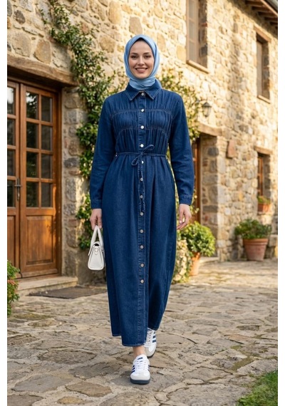Hb Harma Time Butik Kadın Beli Bağcıklı Boydan Düğmeli Koyu Mavi Kot Tesettür Elbise