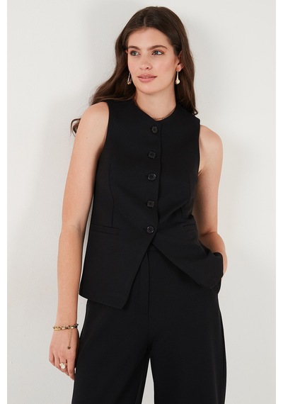 Lela Regular Fit Bisiklet Yaka Kolsuz Düğmeli Basic Bluz Bayan Yelek 65200004 Siyah