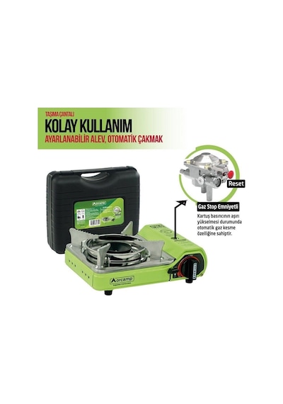 Pro Mini Çantalı Kamp Ocağı Gaz Stop Emniyetli Yeşil Çok Renkli