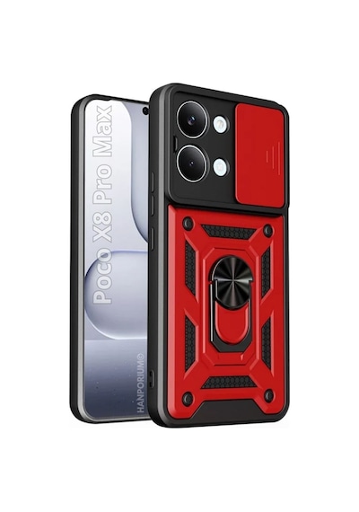 Poco X8 Pro Max Uyumlu Tank Kılıf - Yüzüklü Extra Darbe Koruma Zırhlı Outdoor Kapak - Kırmızı