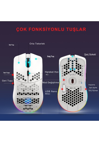 T66 Kablosuz 3 Modlu Mouse-650 Mah Batarya - 12000 Fps - 20g - Rgb Aydınlatma Diğer