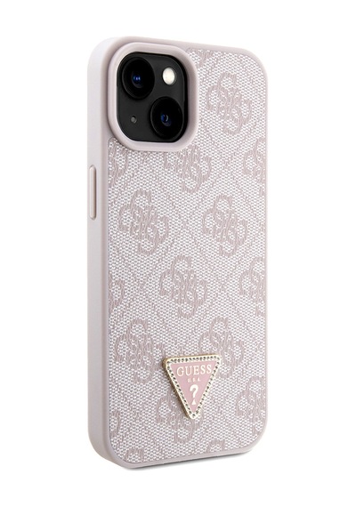Apple Uyumlu iPhone 15 Kılıf Guess Lisanslı Pu Deri Taşlı Metal Üçgen Logolu Çapraz Vücut Askılı 4g Desenli Pembe