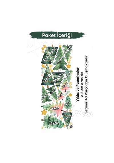 Yeni Yıl Çam Ağaçları Sticker Seti, Yılbaşı Sticker Süsü Çam Ağaçları Yıldız Ve Puantiyeler Dijital Baskı
