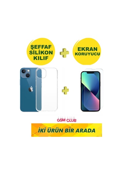 Apple iPhone Uyumlu 13 Mini Şeffaf Silikon Premium Kılıf + Kırılmaz Ekran Koruyucu Temperli Cam