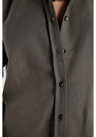 Tudors Kadın Slim Fit Dar Kesim Uzun Kollu Pamuklu Vücuda Oturan Dokulu Antrasit Basic Gömlek-38816