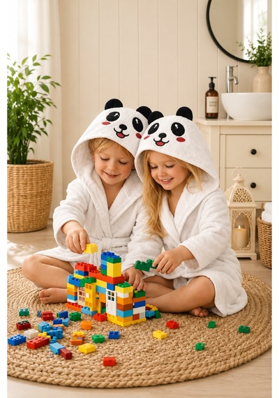 Panda Kapüşonlu Çocuk Bornozu Unisex Bebek Ve Çocuk Banyo Bornozu, Yumuşak Dokulu, 1-10 Yaş 1-2 Yaş