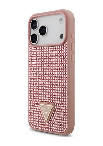 Apple Uyumlu iPhone 17 Pro Max Kılıf Guess Lisanslı Taşlı Arka Yüzey Üçgen Logolu Kapak Pembe Pembe
