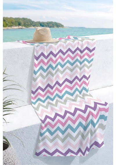 Zigzag Chevron Desenli Modern Plaj Havlusu - Pastel Renkli Minimalist Hızlı Kuruyan Mikrofiber Havlu Kumlu Şafak