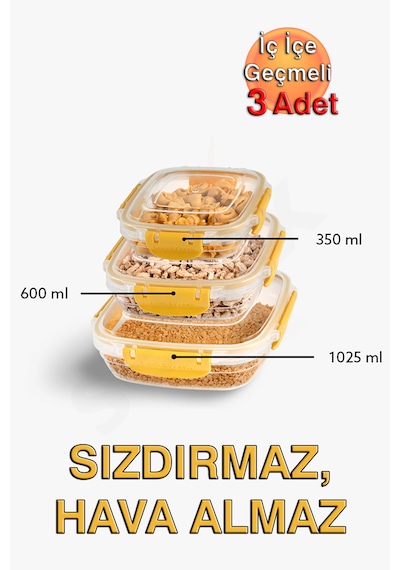 Lock&fresh Master Kare Saklama Kabı 350, 600, 1025 Ml Üçlü Set Sarı