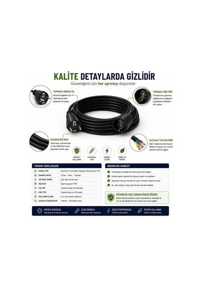 3x2.5mm Ttr Topraklı Siyah Kauçuk Seyyar Uzatma Kablosu 10 Metre Diger