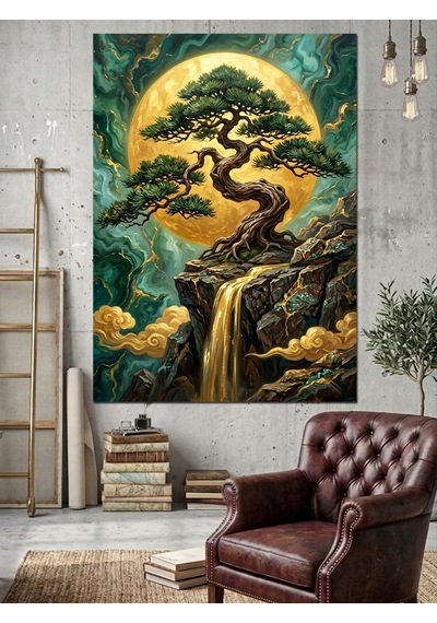 Dolunayda Bonsai Ağacı Şelale Manzarası Dekoratif Kanvas - Mdf Ahşap Tablo Çok Renkli