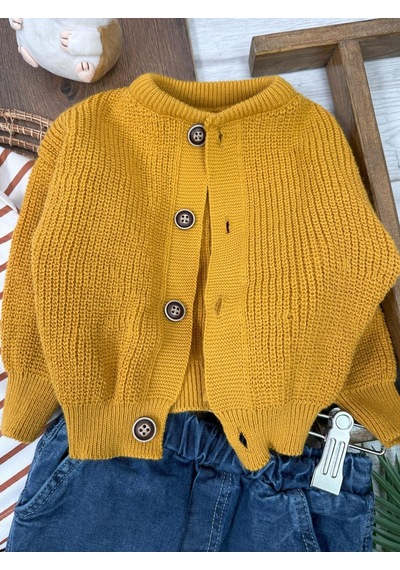 Bebicix Likralı Kot Pantolon Triko Hırkalı Badi 3'lü Erkek Bebek Takım Sari