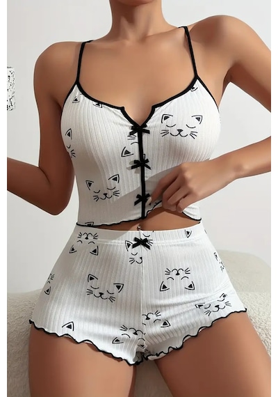 Merry See Yavru Kedi Baskılı Askılı Şortlu Pijama Takımı Beyaz